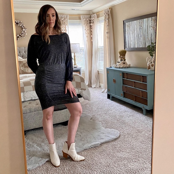 Free People Tidepool Off The Shoulder Lightweight Knit Rouched Long Sleeve Dress - Picture 13 of 13